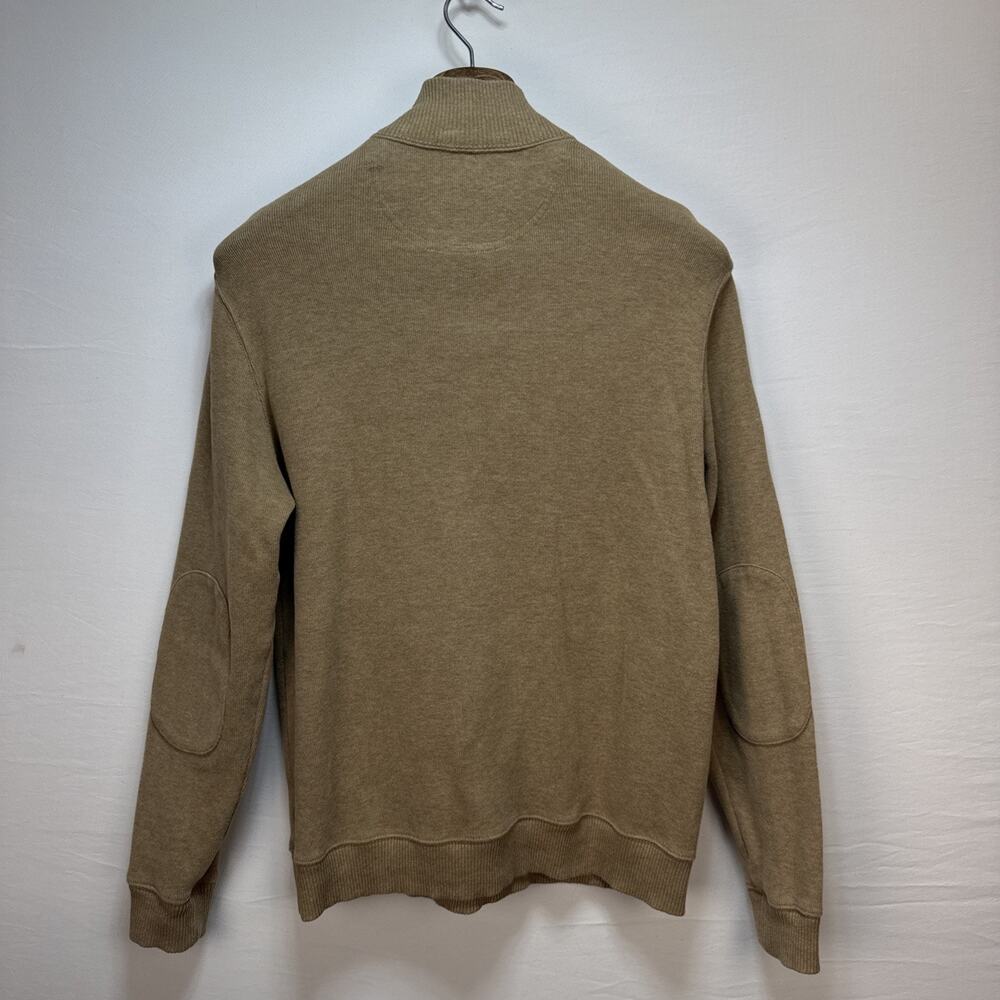Lands End Mens Quarter Zip Pullover Sweater Size M Camel Tan Cotton Elbow Patch - Picture 5 of 6